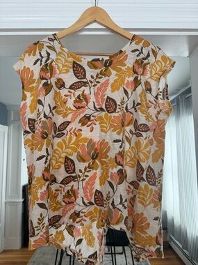 Rachel Zoe Floral Cap-Sleeve Top - Mustard, Coral & Brown on Cream